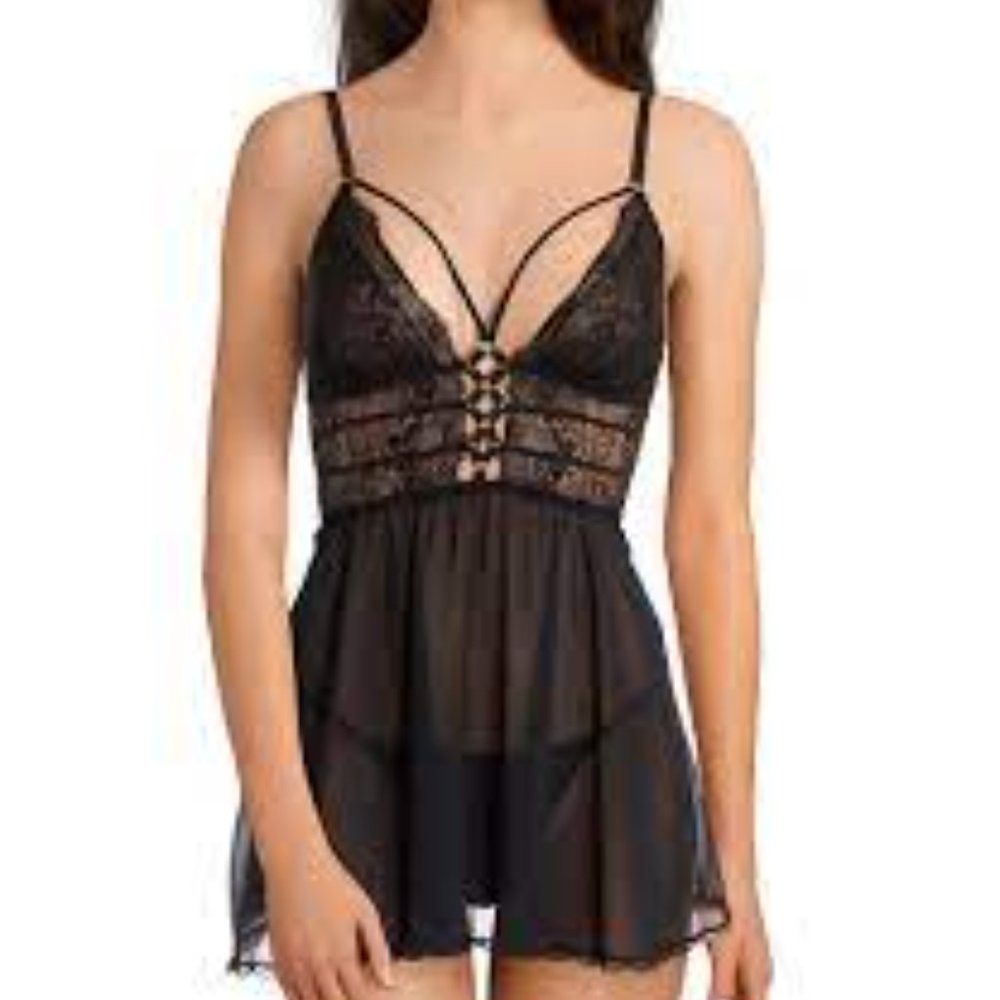 Cinema Etoile Lace & Chiffon Strappy Babydoll/Thong 2 Piece Set Size Medium